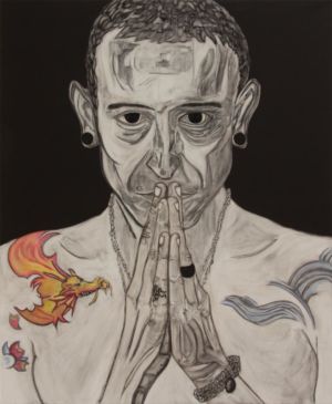 Portrait du chanteur de Linkin Park, en technique mixte, sur toile de lin.