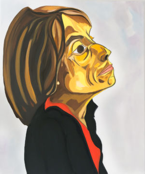 Dans ce portrait de femme, l’artiste peintre contemporaine Nadia Vuillaume travaille la représentation telle une sculpture en bois.