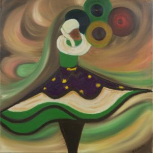 Le portrait du derviche tourneur, de l’artiste peintre contemporaine Nadia Vuillaume, s’inscrit dans ses souvenirs de voyages de par le monde.