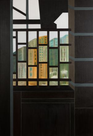 In this painting entitled "View", the artist Nadia Vuillaume uses the window to address the subject of imprisonment.