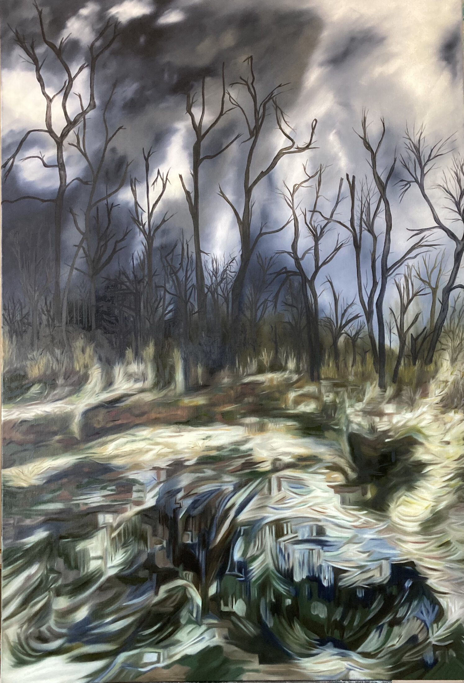 Tableau figuratif, du peintre Nadia Vuillaume, représentant un paysage après l’orage avec un ciel tourmenté.