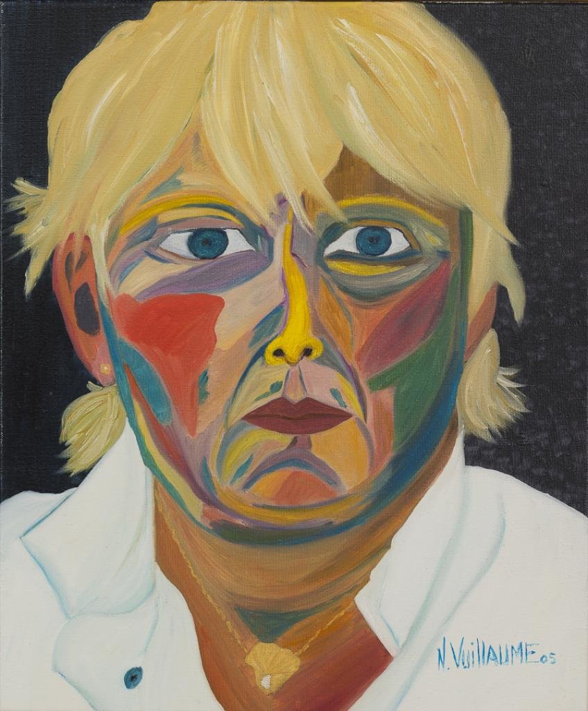 Cet autoportrait au pendentif, de l’artiste peintre Nadia Vuillaume, est proposé à la vente à prix réduit, rendant l’art accessible à tous.