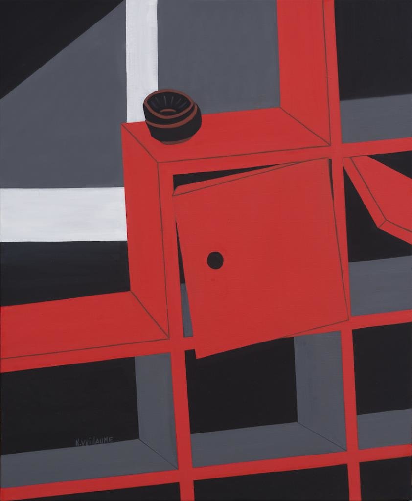 Cubist painting, from a piece of furniture, red and black.