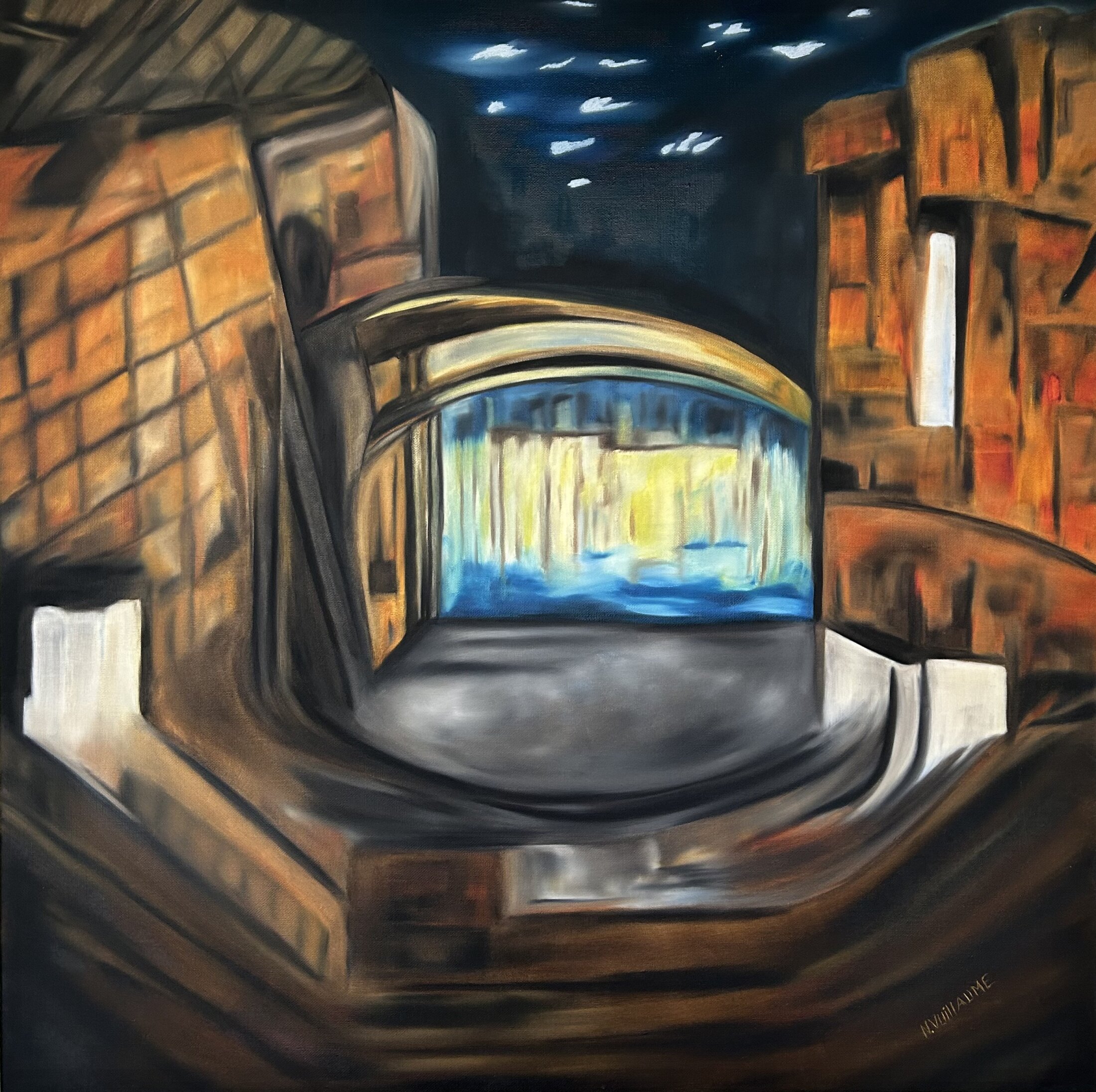 Dans ce tableau architecturale, intitulé « Dans le rétroviseur », l’artiste peintre Nadia Vuillaume revient à une peinture codifiée.