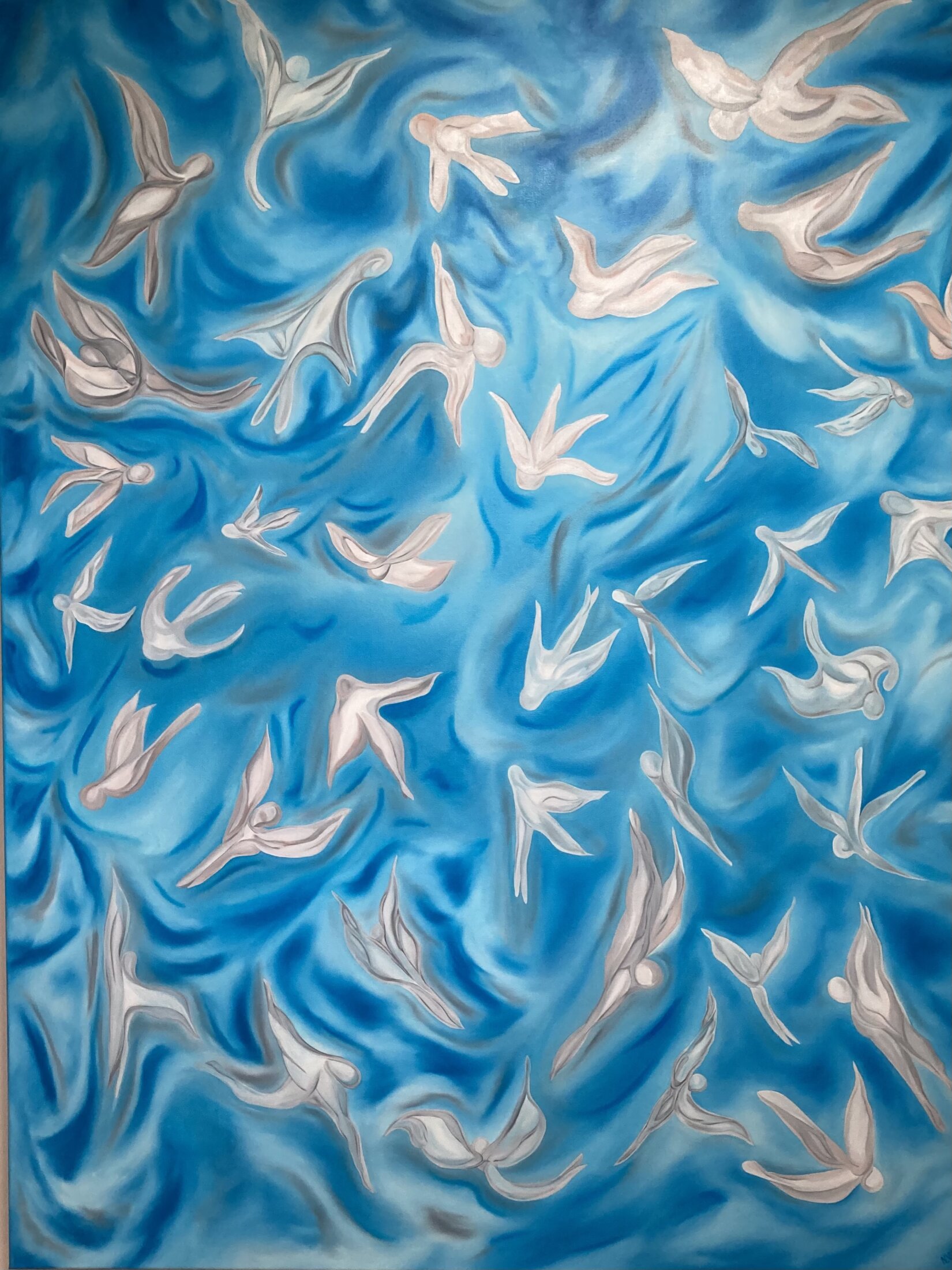 Este cuadro abstracto, obra de la artista Nadia Vuillaume, representa una bandada de ángeles y hadas que juegan en el cielo como niños.