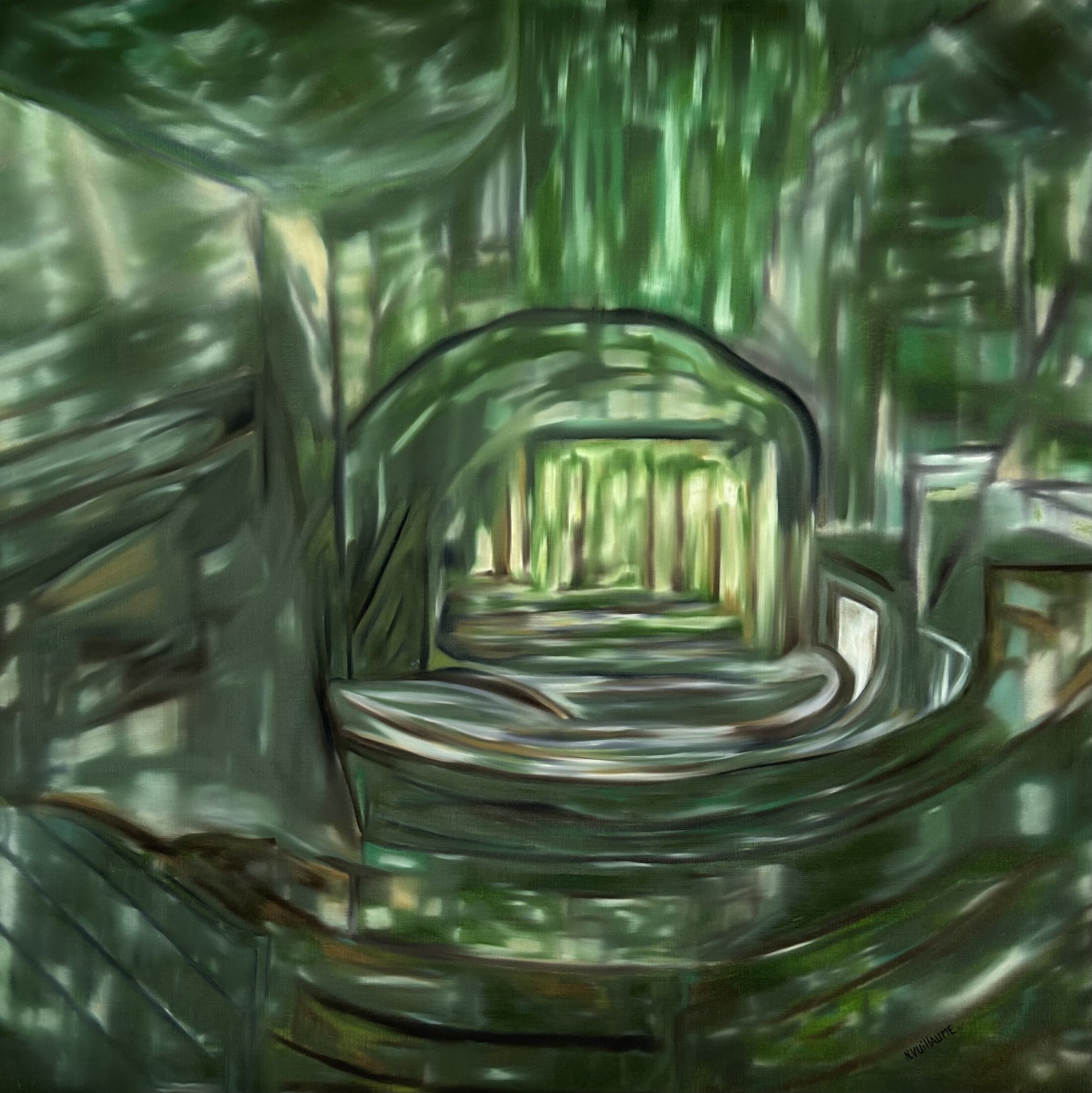 Este monocromo verde de la pintora Nadia Vuillaume nos transporta a un lugar místico.