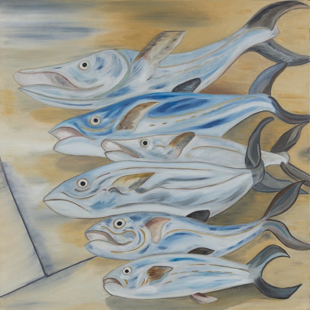 Still life with fish, in pastel tones, lying on the ground.