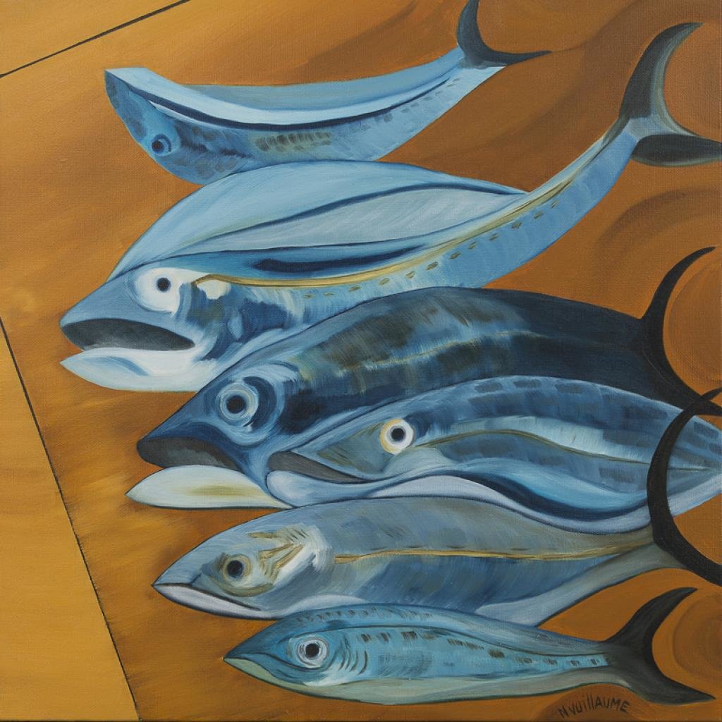 Cette représentation, de l’artiste peintre Nadia Vuillaume, est un souvenir de son séjour à Key West en Floride, où la pêche est omniprésente.