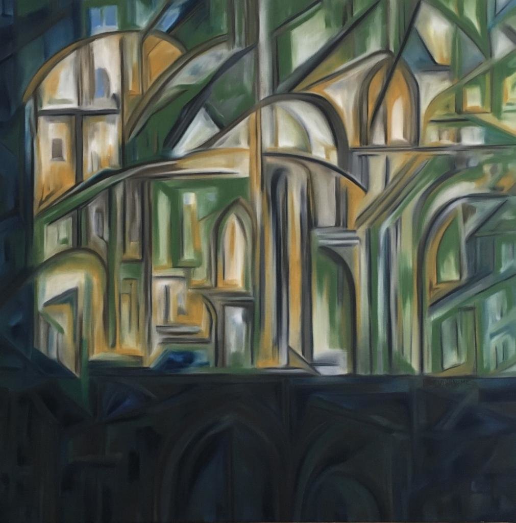 Dans ce tableau architectural, l’artiste peintre Nadia Vuillaume propose un cadrage ouvrant sur un décor comme dans une salle de spectacle.