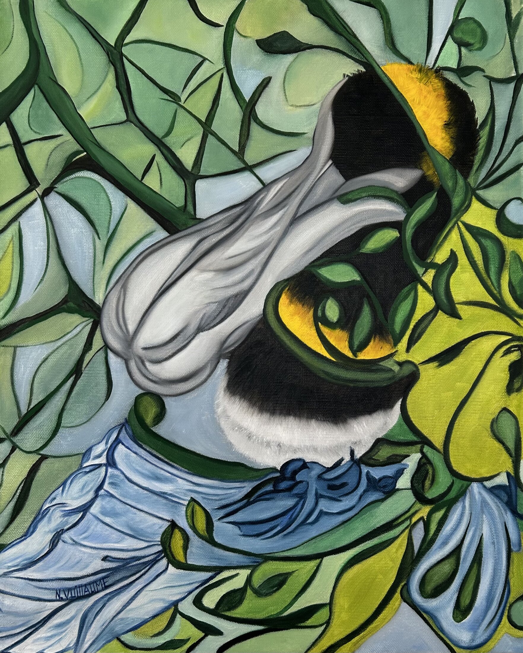 Pollinisation, de l’artiste peintre Nadia Vuillaume, est un petit tableau tout en transparence, traité tel un vitrail.