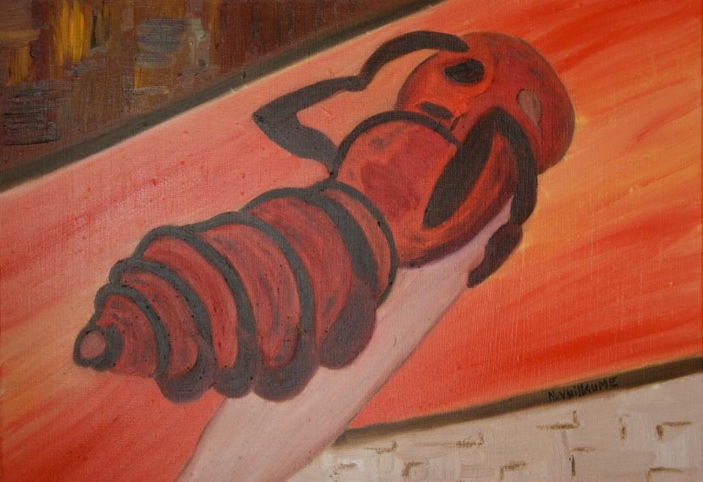 Dans ce tableau d’insecte naissant ou agonisant, l’artiste Nadia Vuillaume joue avec l’expression : tirer sa révérence face aux aléas de la vie. 