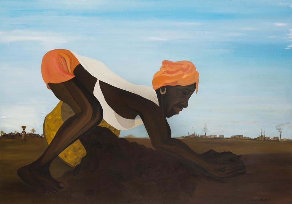 Ce tableau figuratif, de l’artiste Nadia Vuillaume, représente une scène rurale, paradoxe entre modernité et archaïsme, où la femme est mise à l’honneur.