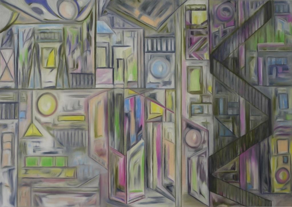 This linear painting, by the painter Nadia Vuillaume, is the representation of an urban interior where everyone can take possession of the place as they please.