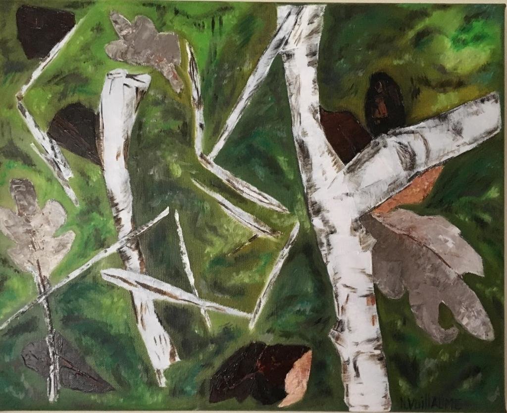 Knife-painting, made on the spot, of autumn leaves, moss and birch branches.
