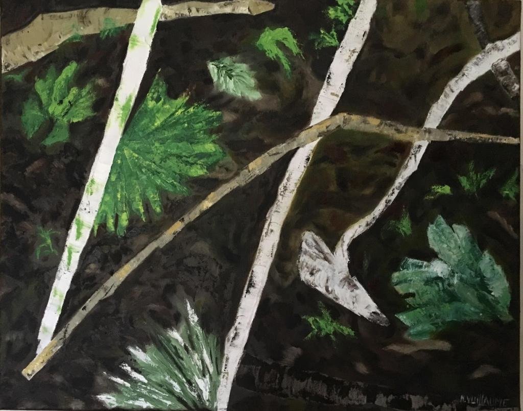 Sketch, a small painting made with oil paint, ferns and branches.