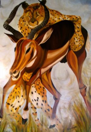 « Danse » est une représentation figurative, à la peinture à l’huile, de l’artiste Nadia Vuillaume, mettant en scène deux entités animales opposées.