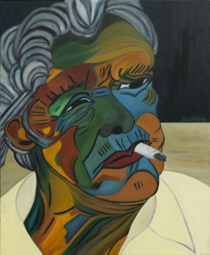 Este estilizado retrato de la artista Nadia Vuillaume, con su diseño gráfico y sus colores planos, nos sumerge en la profunda mirada de este anciano.
