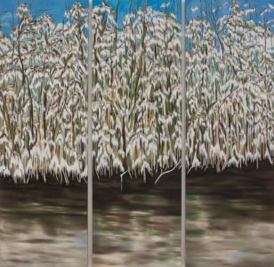 Este tríptico, de la artista Nadia Vuillaume, es una representación del manglar del sur de Florida, un paisaje de exuberante vegetación.