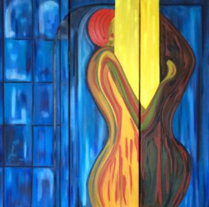 El tríptico de una escena de género, de la pintora contemporánea Nadia Vuillaume, es una representación de la unión de una pareja.