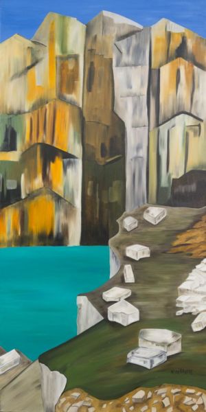 « La cantera" es una representación geométrica de las paredes de un acantilado donde la artista Nadia Vuillaume juega entre la abstracción y la figuración.