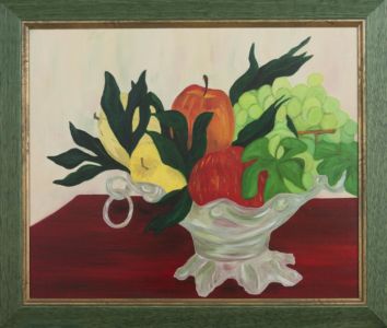 L’artiste Nadia Vuillaume  nous offre par cette nature morte une richesse chromatique et, est un clin d’oeil à la « Corbeille de fruits » de Le Caravage.