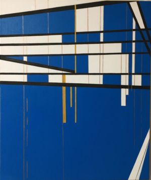 Dans ce tableau cubiste, à dominante bleu, l’artiste peintre Nadia Vuillaume s’est attachée à la symbolique des lignes et y réfère à la religion.
