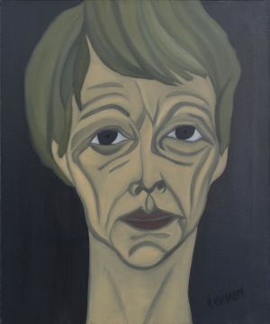 Portrait of a woman, artist, and painter, with an emaciated face and short hair. 