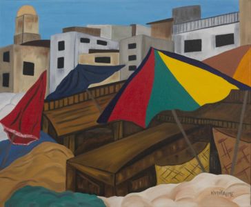 Ce tableau d’une vue d’un marché, de l’artiste peintre Nadia Vuillaume, nous plonge dans la torpeur d’une chaleur accablante d’un été nord africain.