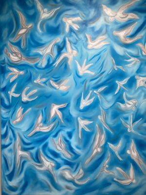 This abstract painting, by artist Nadia Vuillaume, depicts a flock of angels and fairies playing in a sky like children.