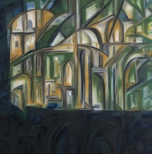 En este cuadro arquitectónico, la pintora Nadia Vuillaume propone una apertura del marco sobre un decorado como en un teatro.